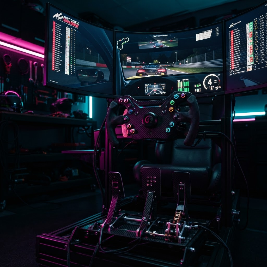 Close-up of a sim racing rig with a wheel, paddle shifters, and pedals lit by neon rim lighting